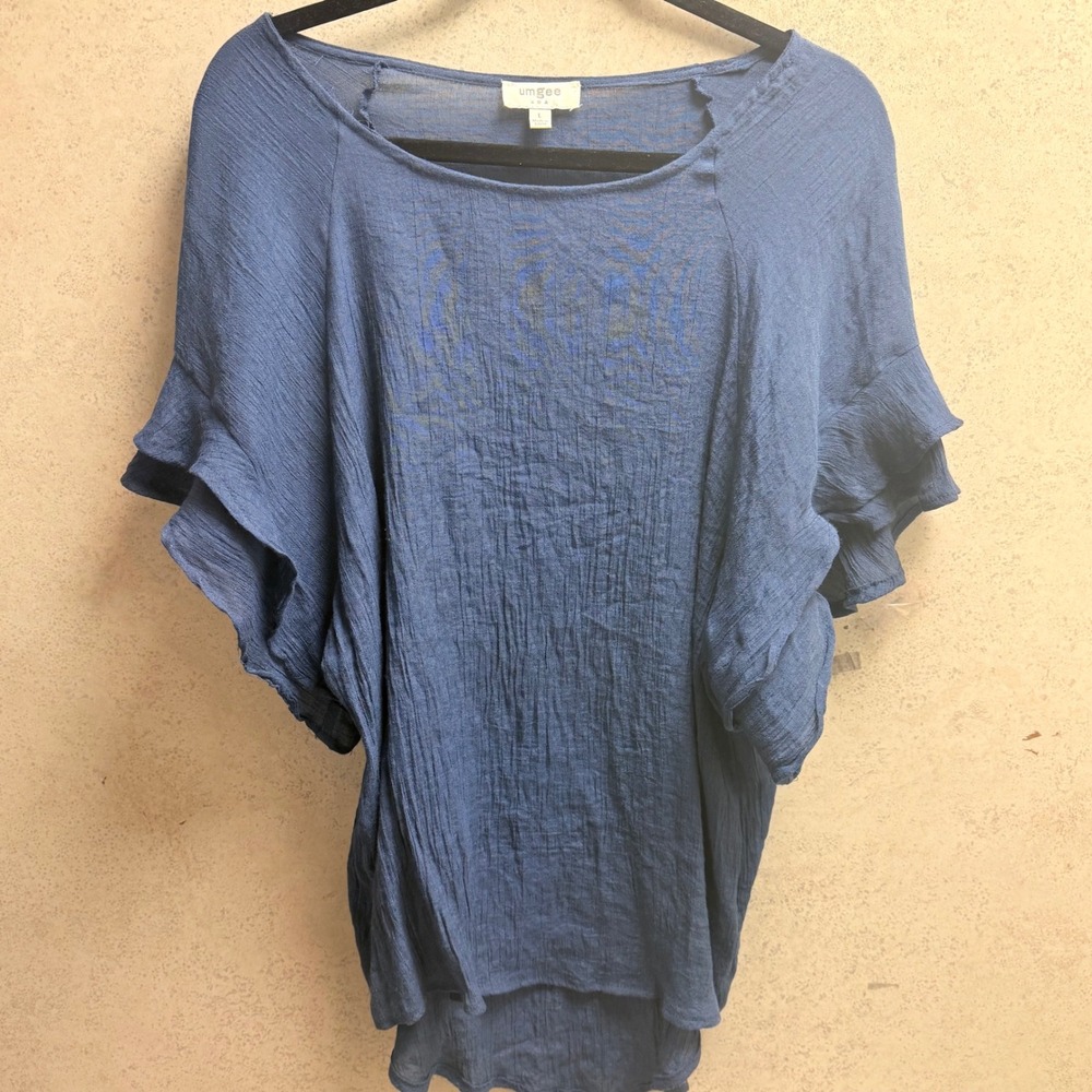 Umgee L Womens Blue Light Weight Crinkle Gauze Flutter Sleeve High Low‎ Boho Top